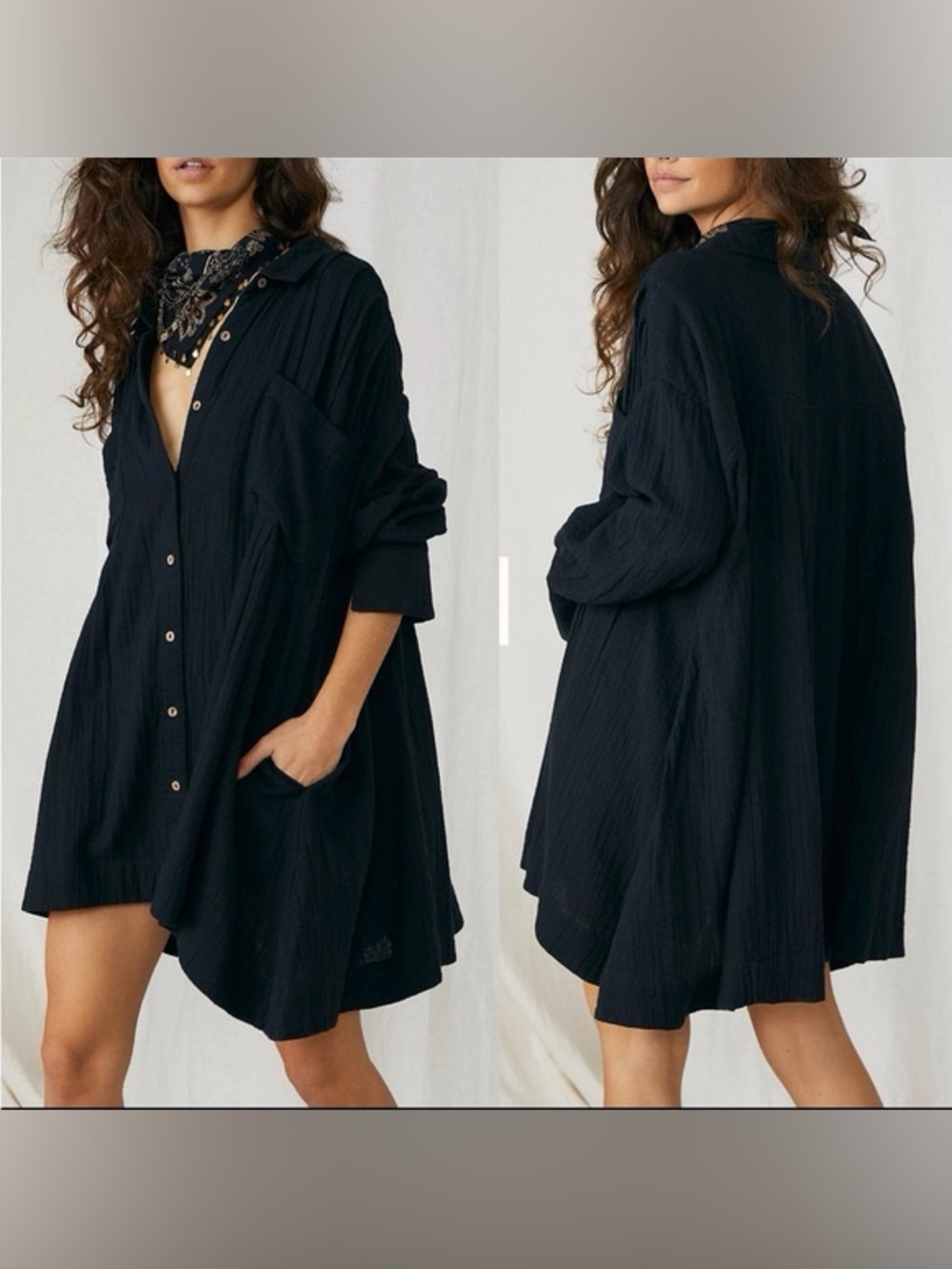 Free People Size XL 100% Cotton Gauze Shirtdress Tunic Top- Navy
